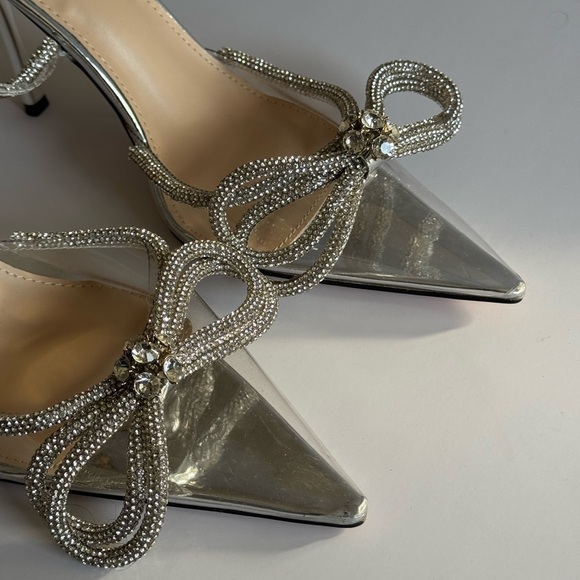 Midnight Clear Perspex Wrap Around Diamante Bow Pointed Toe High Heel. - Picture 14 of 14